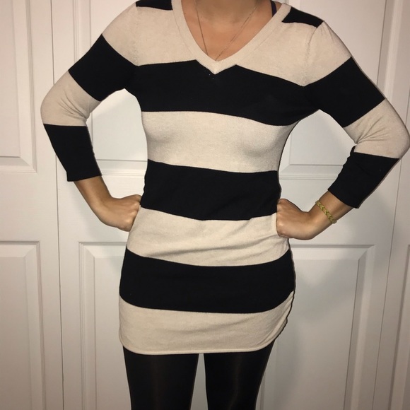 Pink Rose Sweaters - PINK ROSE SMALL TAN & BLACK STRIPED V-NECK SWEATER